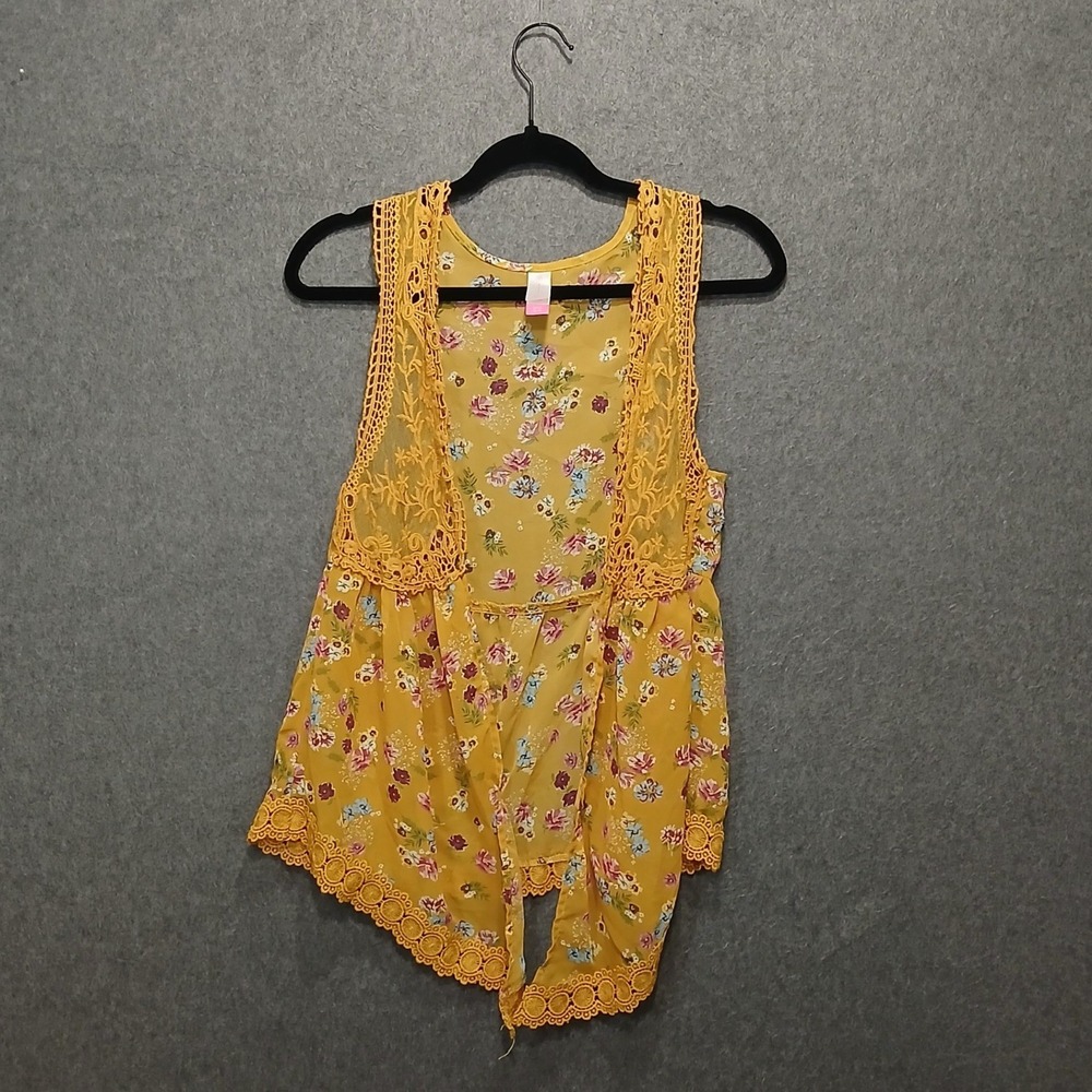 Prairie Print Floral Sheer Vest Lace Trim Boho Hippie Western Indie Sleaze
